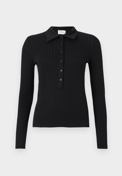 Svart stripete langermet polo skjorte med krage og knappelukking foran. Har en tettsittende design og glatt tekstur.