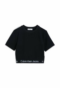 Černé zkrácené tričko vyrobené z bavlny, s krátkými rukávy a přiléhavým střihem, s bílým logem "Calvin Klein Jeans" na spodním lemu.