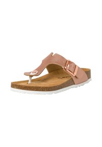 Ljust rosa flip-flop sandal med en korkfotbädd, justerbart rem, vit yttersula och en rund vit knappaccent på remmen.
