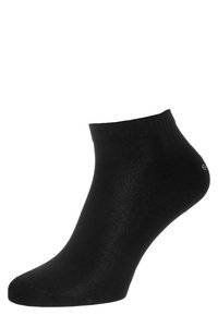 Schwarze Knöchelsocke mit geripptem Muster, im niedrig geschnittenen Design und mit kleinem Logo an der Seite. Der Stoff wirkt glatt und elastisch.