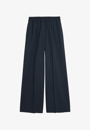 Pantalon large bleu marine en tissu léger, avec une taille élastique et des plis pour une coupe décontractée. Sans poches ni motifs.