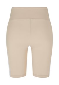 Bézs, rugalmas rövidnadrág magas derékrésszel, sima textúrával és láthatatlan varrásokkal, térd fölött végződve.