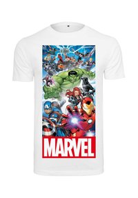Hvid bomulds t-shirt med et farverigt tegneserieinspireret print af Marvel-superhelte, med "MARVEL" tekst i fed rød nederst.