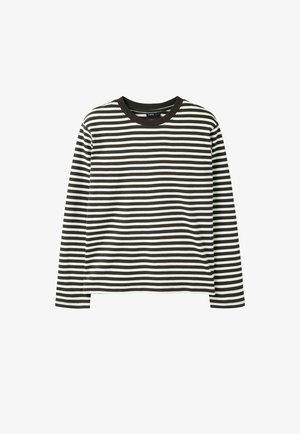 Chemise à manches longues avec des rayures horizontales noires et blanches et un col rond uni noir, présentée sur fond blanc.
