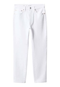 Vaqueros de mezclilla blanca con corte recto, diseño de cinco bolsillos, remaches de cobre y cierre de botón en la cintura. Textura suave.