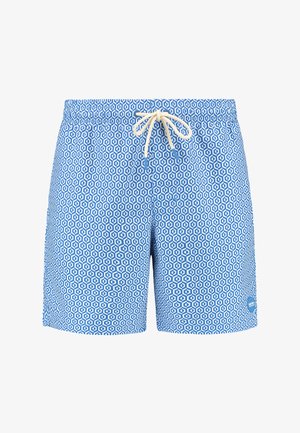 Pantaloni de baie albaștri cu un model geometric alb, bandă de ajustare la talie și un mic logo în partea stângă jos.