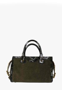 Borsa a mano in camoscio verde con dettagli in stampa pitone nera, doppi manici e tracolla rimovibile. Forma arrotondata con dettagli in metallo dorato.