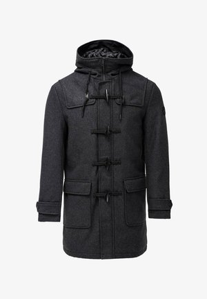 Abrigo de lana gris oscuro con capucha, cierres de corchete, dos grandes bolsillos frontales y tejido texturizado. Cuenta con cierre de cremallera y detalles en los puños.