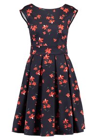 Marineblaues, ärmelloses Kleid mit rot-rosa Blumenmuster, tailliert und mit gefältetem A-Linien-Rock.