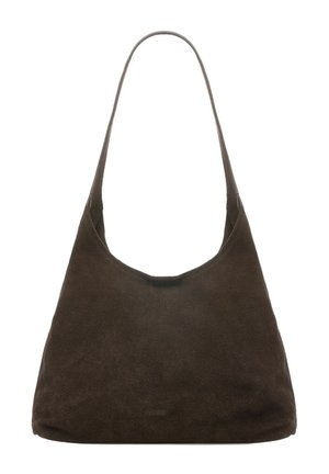 Ciemnobrązowa torba na ramię z zamszu z pojedynczym paskiem i prostym, nieozdobionym wzorem na białym tle.