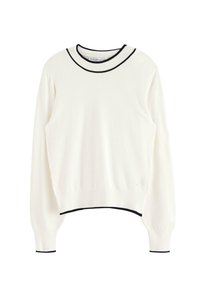 Pull crème avec un col rond bordé de noir, manches longues, poignets et ourlet côtelés, texture douce, et une discrète étiquette de marque.