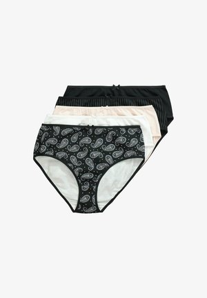 Cuatro pares de bragas de mujer apiladas, con estampados negro, de rayas, beige y paisley, cada una con un pequeño lazo en la cinturilla.