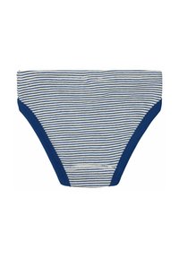 Costumi da bagno a slip blu e bianchi a righe con bordo blu uniforme. Tessuto morbido, cintura elastica e vestibilità aderente e sagomata.
