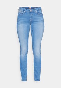 Světlemodré skinny džíny vyrobené z denimu, s klasickým pásem, designem pěti kapes a jemným vyblednutím pro texturu.