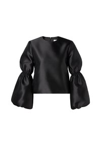 Svart satinbluse med rund hals, puffer lange ermer og elastiske mansjetter. Glidelås i ryggen. Jevn tekstur og glansfull finish.