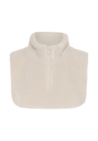 Sudadera de forro polar con cremallera en suave color beige, que presenta un cuello alto y una cremallera de media longitud. Tejido texturizado con bordes redondeados.
