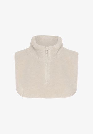Pullover en polaire zippé de couleur beige doux, avec un col montant et une fermeture éclair mi-longue. Tissu texturé avec des bords arrondis.