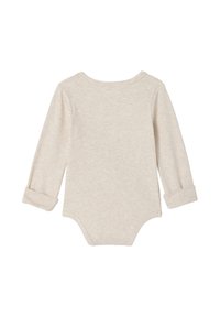 Long-sleeve beige bodysuit made from soft fabric, featuring a round neckline and rolled cuffs, with a smooth, plain texture.