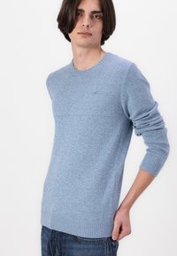 Ljusblå rundhalsad tröja i mjukt stickat material, med ribbade ärmslut och fåll, samt en diskret logotyp på bröstet.
