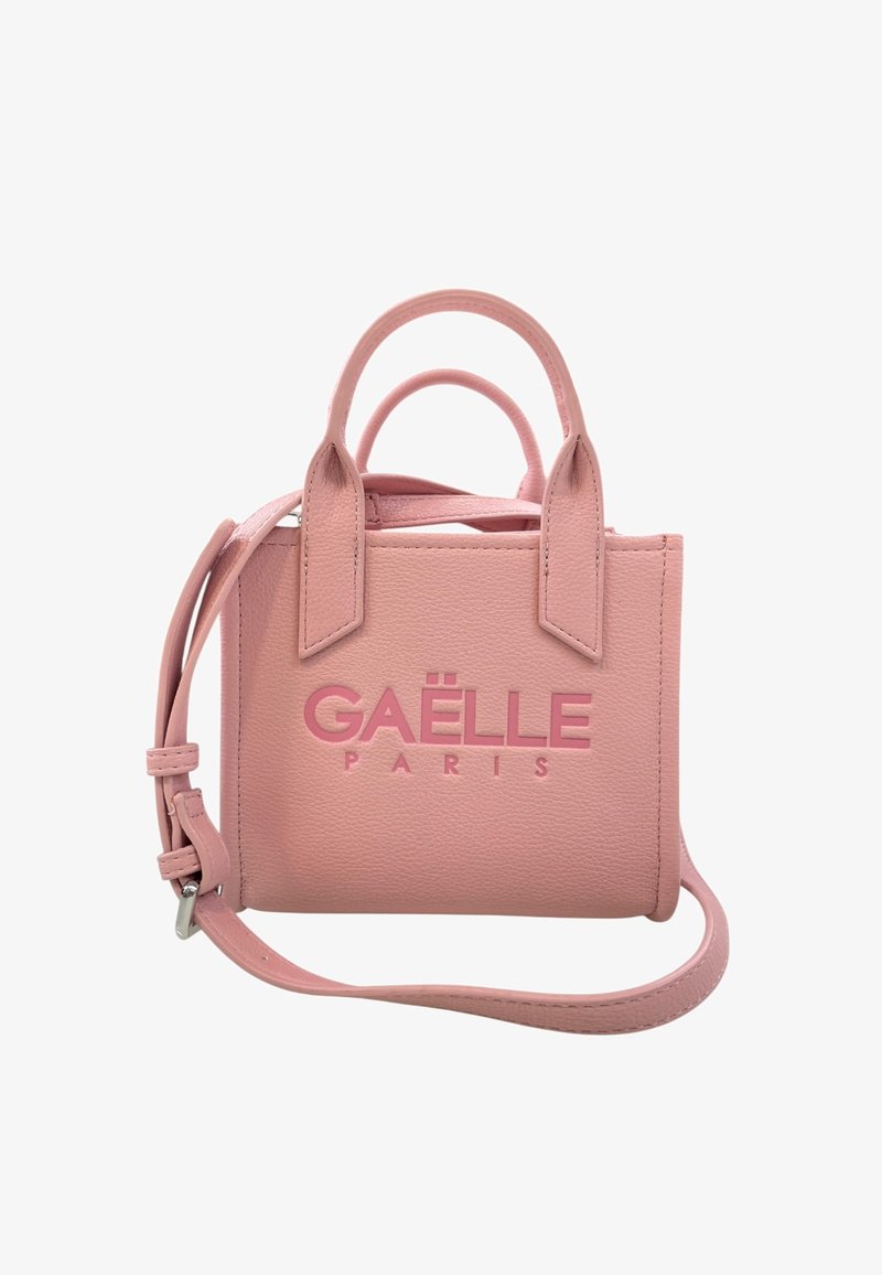 Borsa in pelle rosa con due manici superiori e una tracolla removibile. Presenta il logo in rilievo "GÄELLE PARIS" sul davanti.