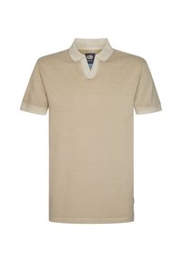 Beige polo tričko s krátkým rukávem a výstřihem do V. Disponuje kontrastním světlobéžovým lemováním na límci a rukávech. Měkoučká textura, volnočasový design.