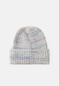 Gorro de malha em cinza claro com manchas azuis e laranjas, apresentando uma textura ribbed e uma bainha dobrada para maior aquecimento.