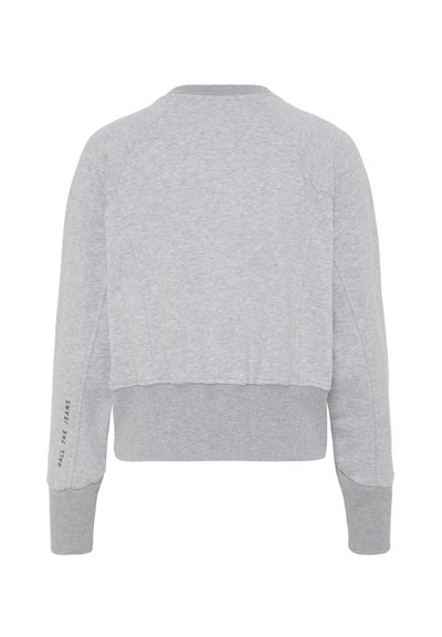 Light gray cropped sweatshirt with a textured finish, raglan sleeves, and ribbed cuffs. Features text detail on the left sleeve.