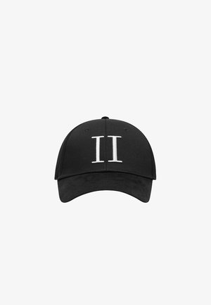 Black baseball cap with curved brim, featuring white embroidered "II" on the front. Made of cotton with a smooth texture. Adjustable strap at the back.