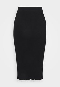 Jupe midi noire côtelée avec taille haute et ourlet festonné, silhouette ajustée, présentée sur un fond clair uni.