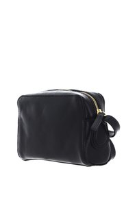 Borsa nera in pelle con forma rettangolare, caratterizzata da una cerniera dorata e una tracolla laterale. Texture liscia e design minimale senza motivi visibili.