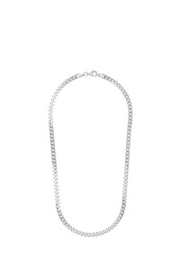 Collana in metallo argentato con maglie intrecciate, caratterizzata da una finitura liscia e chiusura a gancio. Design leggero, eleganza sobria.