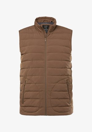 Gilet imbottito marrone con collare alto, zip frontale completa e due tasche laterali con zip. Presenta un pattern di cuciture orizzontali per l'isolamento.