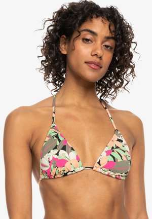 Bikini-Oberteil mit einem mehrfarbigen Blumenmuster, dreieckiger Form, Bindebändern am Hals und Rücken sowie gerafften Nähten an der Unterseite.