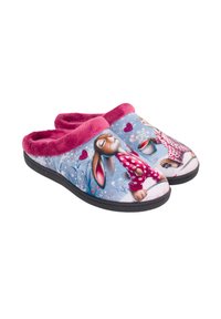 Zapatillas de felpa azules con forro y suelas de piel sintética rosa. Presentan dibujos animados de conejitos con ropa de invierno, con detalles de corazones y copos de nieve.