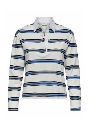 Long-sleeve polo shirt made of soft fabric, featuring horizontal black and blue stripes on a white background. Includes a traditional collar.