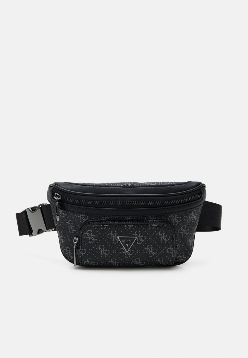 Sac banane noir Guess avec impression logo à motif, poche zippée à l'avant et sangle réglable avec boucle latérale.