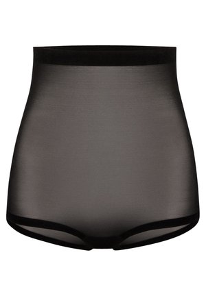 Shapewear nera a vita alta realizzata in tessuto liscio ed elastico. Presenta una cintura morbida e un design senza cuciture per un aspetto elegante.