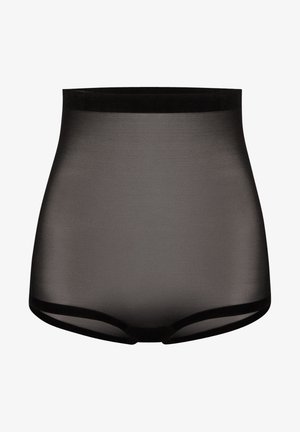Shapewear noir taille haute fabriqué dans un tissu lisse et extensible. Comprend une ceinture douce et un design sans coutures pour une apparence épurée.