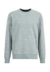 Ljusgrön sweatshirt med ett texturerat blommönster, ribbad rund halsringning och manschetter, samt en rak nederkant med sidodelar.