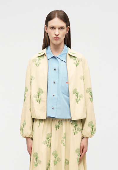 Γυναίκα με μακριά καστανά μαλλιά φοράει κρεμ σακάκι και φούστα με πράσινη κεντημένη ανθολογία, και ανοιχτό μπλε πουκάμισο με κουμπιά σε λευκό φόντο.