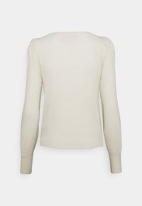 Helles beige, gestricktes Sweatshirt, runder Ausschnitt, lange Ärmel, gerippte Bündchen und Saum, strukturierter Musterverlauf.