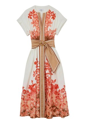 Midi-pikkusega kleit lühikeste varrukatega, beež alusega, korallikarva lillemustriga, pruunide vertikaalsete triipudega ja lai beež vöö kuldse pandlaga.