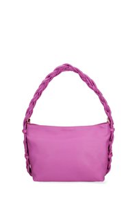 Borsa a tracolla in pelle rosa con manico intrecciato, caratterizzata da una texture liscia e un design minimale. Apertura superiore con zip, senza ulteriori dettagli.