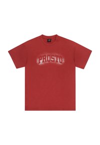 Czerwona bawełniana koszulka z krótkimi rękawami, okrągłym dekoltem i promocyjnym napisem "PROSTO" w białym nadruku graficznym na piersi.