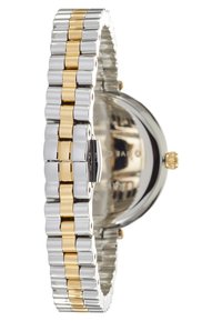 Klocka i rostfritt stål med guldtonad finish, länkarmband, rund boett och klar urtavla. Har detaljer i guldmetall och en polerad yta.