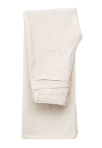 Off-white foldede jeans med synlig baglomme og bæltestrop, vist mod en hvid baggrund.