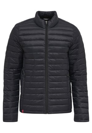 Herren schwarze Steppjacke mit Stehkragen, vertikaler Steppung, Frontreißverschluss und zwei Seitentaschen. Leichtes Material.