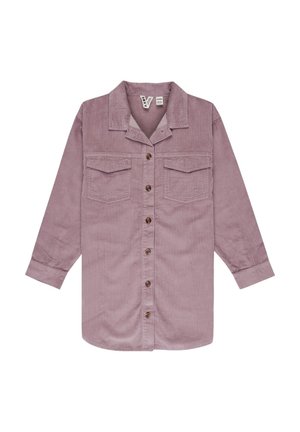 Long-sleeve, dusty rose corduroy shirt with a button-down front, two chest pockets, and a classic collar. Features brown buttons and cuffs.