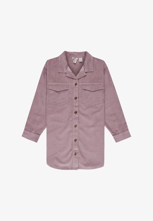 Long-sleeve, dusty rose corduroy shirt with a button-down front, two chest pockets, and a classic collar. Features brown buttons and cuffs.