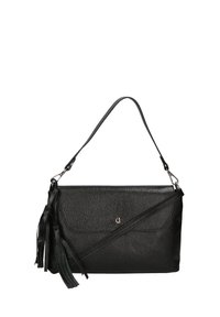 Borsa a tracolla in pelle nera con finitura testurizzata, dotata di una lunga tracolla e nappine decorative. Pattina frontale con dettaglio in metallo color argento.